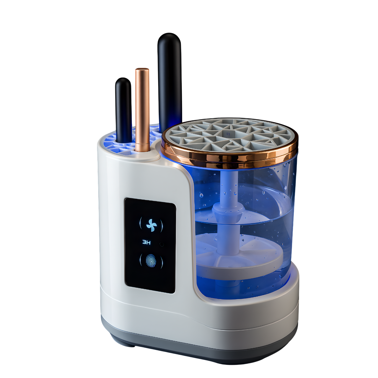 Electric makeup brush cleaner and dryer machine with water tank and smart touch panel for professional brush cleaning.