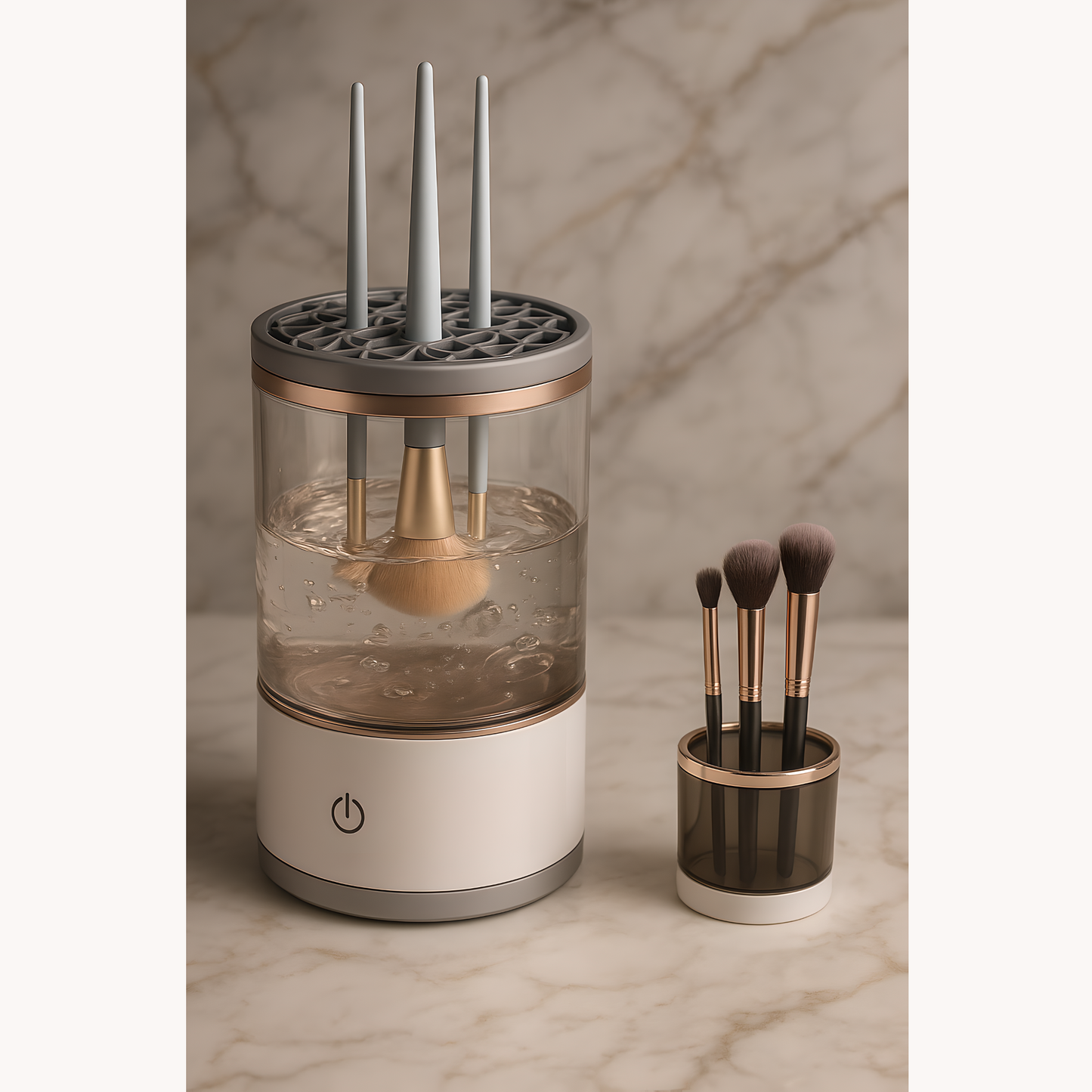 Electric makeup brush cleaner machine with transparent container and makeup brushes on marble background