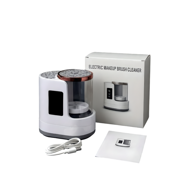 Electric makeup brush cleaner set with USB charging cable, instruction manual, and retail packaging box on a dark background.