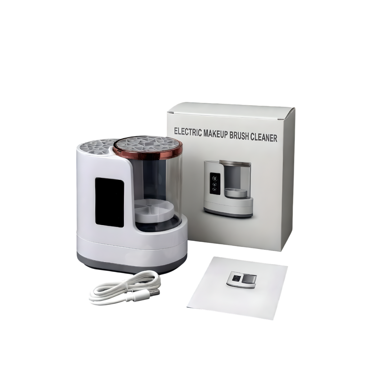 Electric makeup brush cleaner set with USB charging cable, instruction manual, and retail packaging box on a dark background.