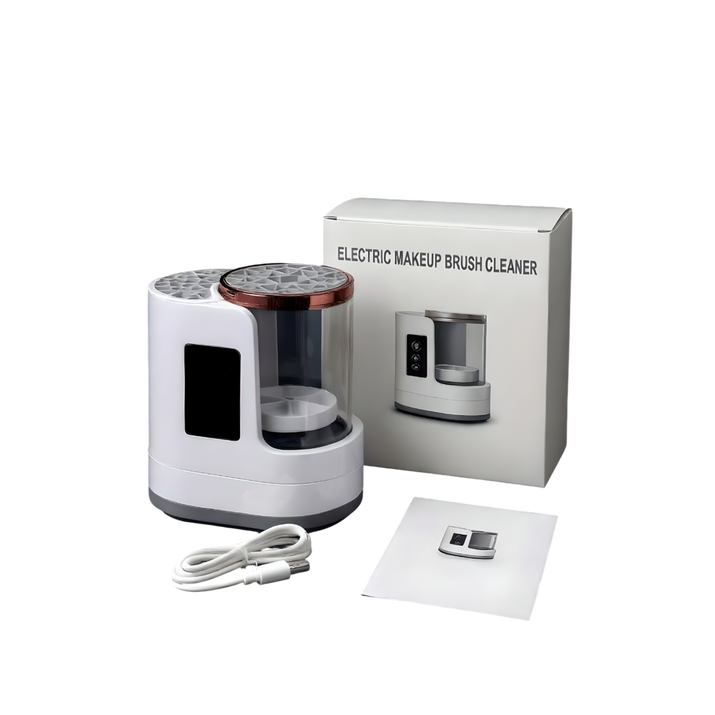 Electric makeup brush cleaner set with USB charging cable, instruction manual, and retail packaging box on a dark background.