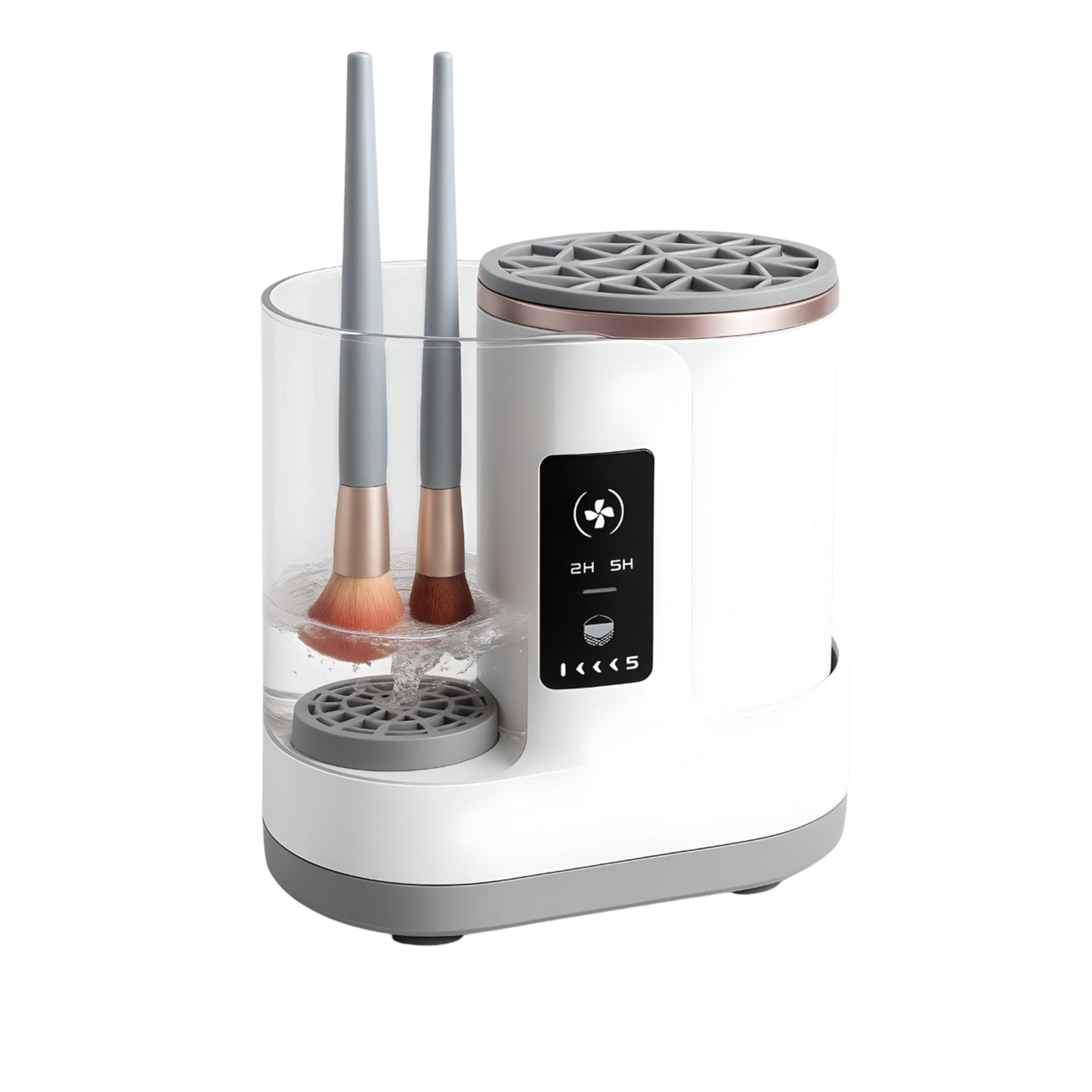Automatic electric makeup brush cleaner with water tank, washing two brushes at once using smart digital control.