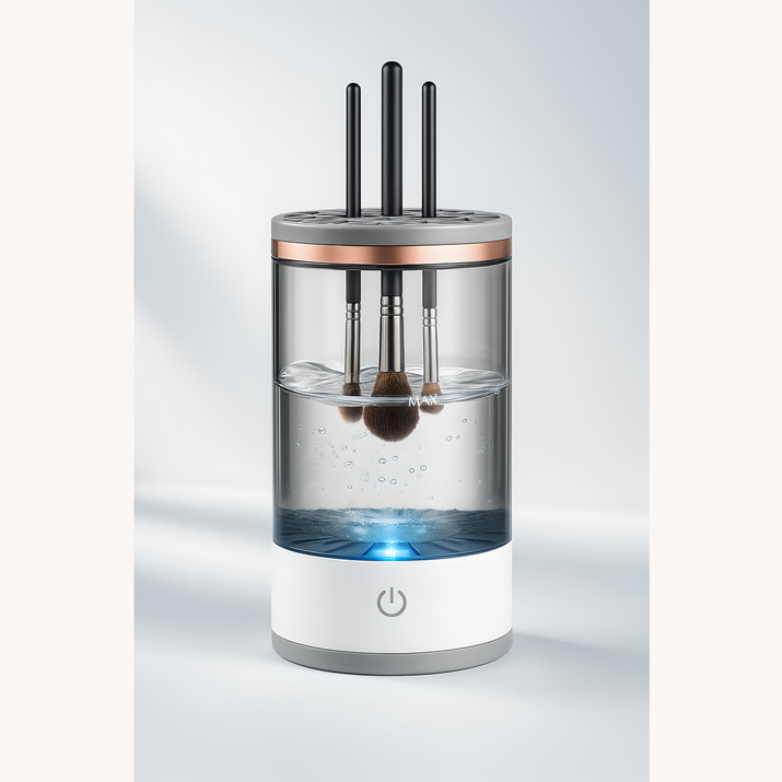 Electric makeup brush cleaner with transparent water tank, black silicone holders, and blue LED light, shown washing three makeup brushes.