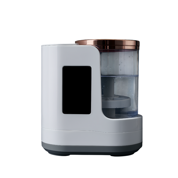 Close-up side view of an electric makeup brush cleaner with transparent water tank, rose gold lid, and modern smart design on a dark background.