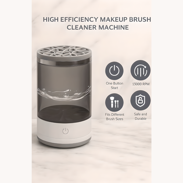 High-efficiency electric makeup brush cleaner machine with transparent water container, one-button start, 13000 RPM, universal brush holder, and durable safe design.