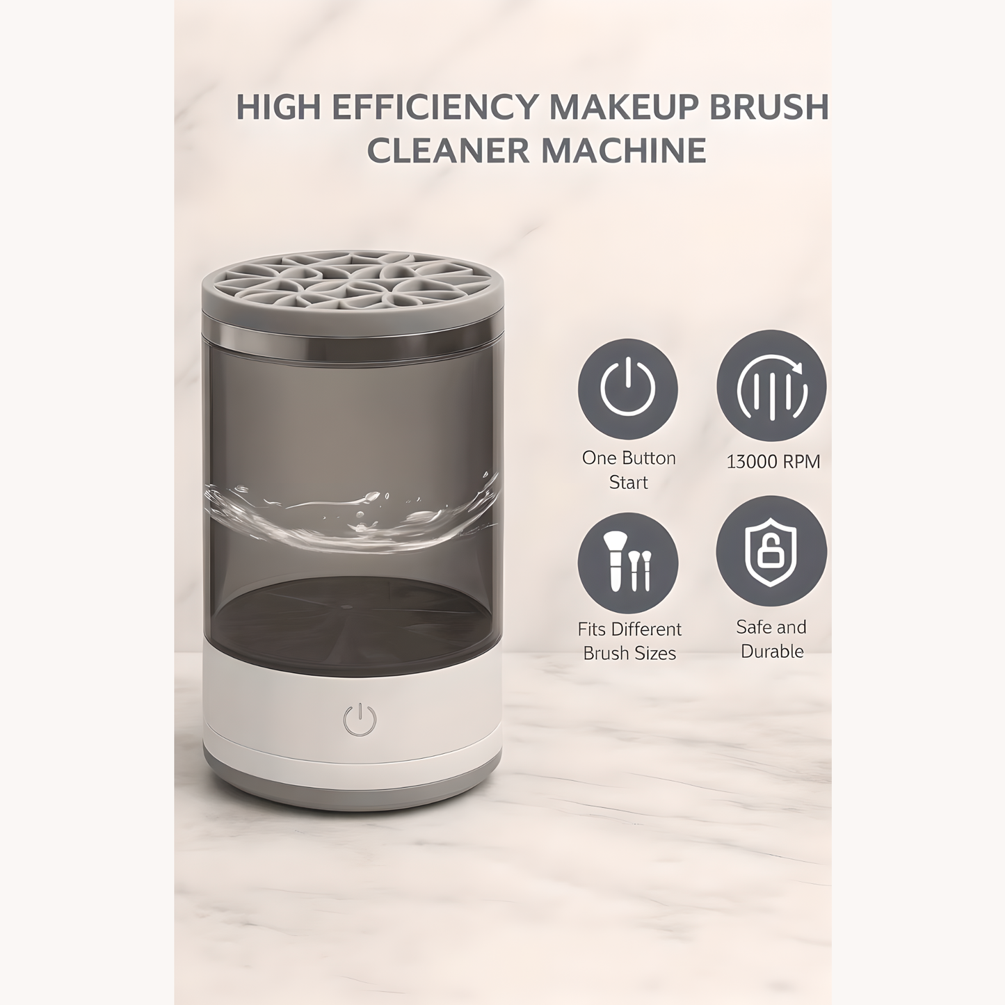 High-efficiency electric makeup brush cleaner machine with transparent water container, one-button start, 13000 RPM, universal brush holder, and durable safe design.