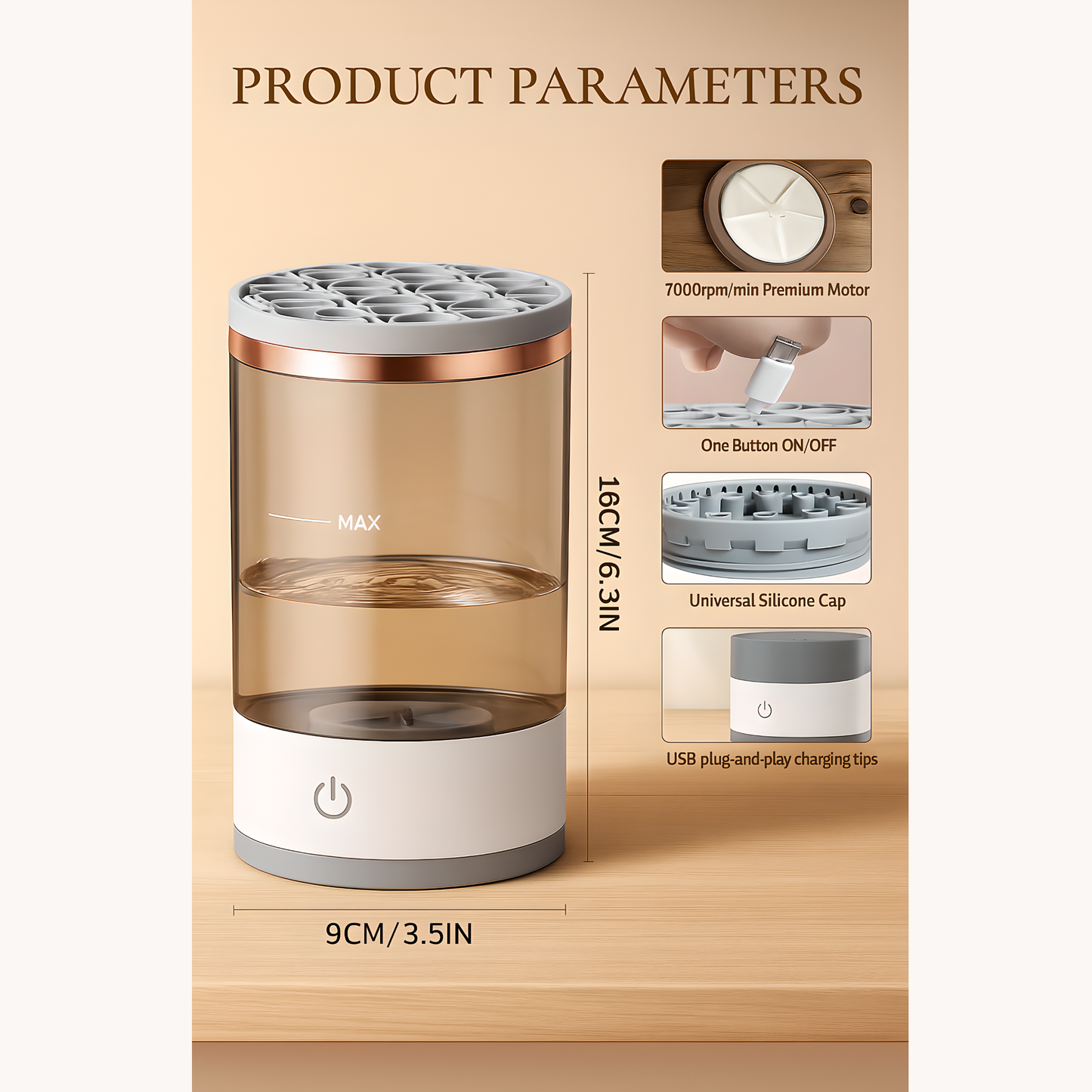 Electric makeup brush cleaner with transparent amber water tank, silicone brush holder, one-button control, and labeled product parameters including 16cm height, 9cm diameter, 7000rpm motor, USB charging, and universal silicone cap