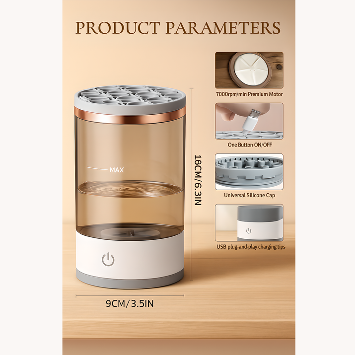 Electric makeup brush cleaner with transparent amber water tank, silicone brush holder, one-button control, and labeled product parameters including 16cm height, 9cm diameter, 7000rpm motor, USB charging, and universal silicone cap