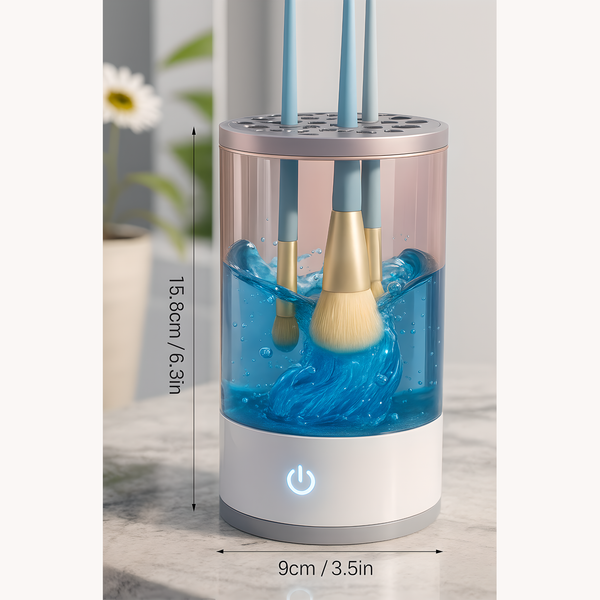 Electric makeup brush cleaner with brushes washing inside blue water, product dimensions shown: 15.8 cm (6.3 in) height and 9 cm (3.5 in) width.