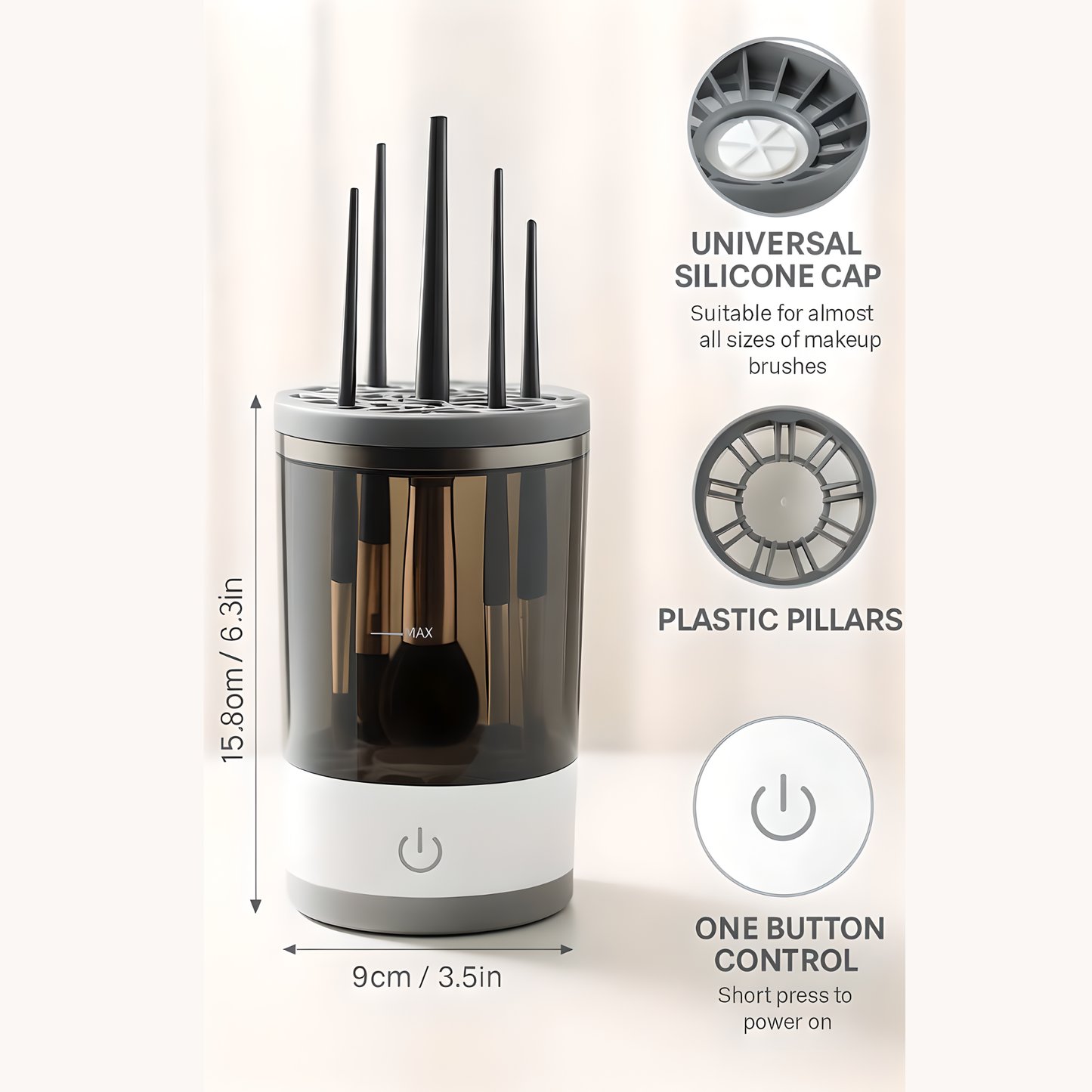 Electric makeup brush cleaner with universal silicone cap for various brush sizes, plastic pillars for stability, and one-button control. Dimensions shown: 15.8 cm (6.3 in) height, 9 cm (3.5 in) width.