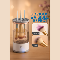 Electric makeup brush cleaner showing clear before-and-after effect of deep cleaning. Dirty makeup brushes are cleaned with visible results inside the device’s transparent water container.