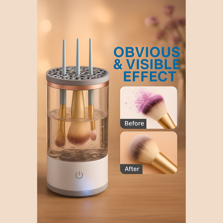 Electric makeup brush cleaner showing clear before-and-after effect of deep cleaning. Dirty makeup brushes are cleaned with visible results inside the device’s transparent water container.