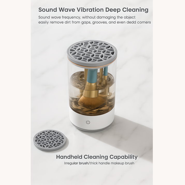 Electric makeup brush cleaner using sound wave vibration technology for deep cleaning, shown with brushes inside the transparent container filled with water, silicone lid on top, and detachable cover on marble surface.